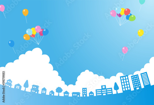 入道雲の青空と風船と街並み 背景素材stock Vector Adobe Stock 入道雲の青空と風船と街並み 背景素材stock Vector Adobe Stock