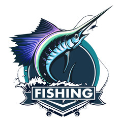 Wall Mural - Marlin fish logo.Sword fishing emblem for sport club. Angry fish background theme vector illustration.