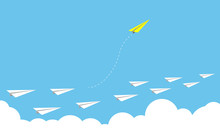 Paper Airplane As A Leader Among Another Airplane , Leadership, Teamwork On Blue Sky Background.