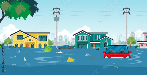 Cuadros en Lienzo City floods and cars with garbage floating in the water.