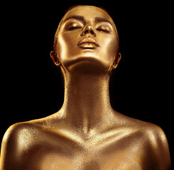 Wall Mural - fashion art golden skin woman portrait closeup. gold, jewelry, accessories. model girl with golden g