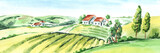 Old farm and fields in countryside. Watercolor hand drawn horizontal illustration