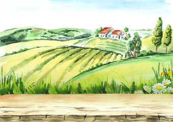 Wall Mural - Old farm and fields in countryside with empty table as background. Watercolor hand drawn illustration