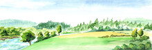 Rural Landscape With River. Watercolor Hand Drawn Horizontal Illustration