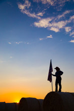 American 4H Farm Girl With Flag At Sunset