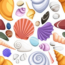 Colorful Tropical Shells Underwater Icon Set Frame Of Sea Shells. Summer Concept With Shells And Sea Stars. Round Composition, Starfish, Nature Aquatic. Seamless Vector Illustration