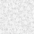Monochrome graphic seamless pattern, linear, engraving drawing of elegant grey tulip flowers. Black vector illustration, isolated on background for texture, wrapping, packaging and other design.