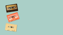 Tape Cassette Recorder On Color Background. Retro Technology. Flat Lay, Top View Hero Header. Vintage Color Styles.