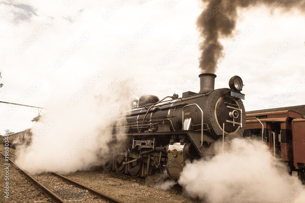 Steam Train Locomotive Closeup Exhausts Vintage - obrazy, fototapety, plakaty 