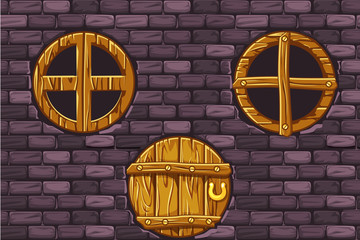 Poster - Cartoon Wooden Door and windows on stone wall