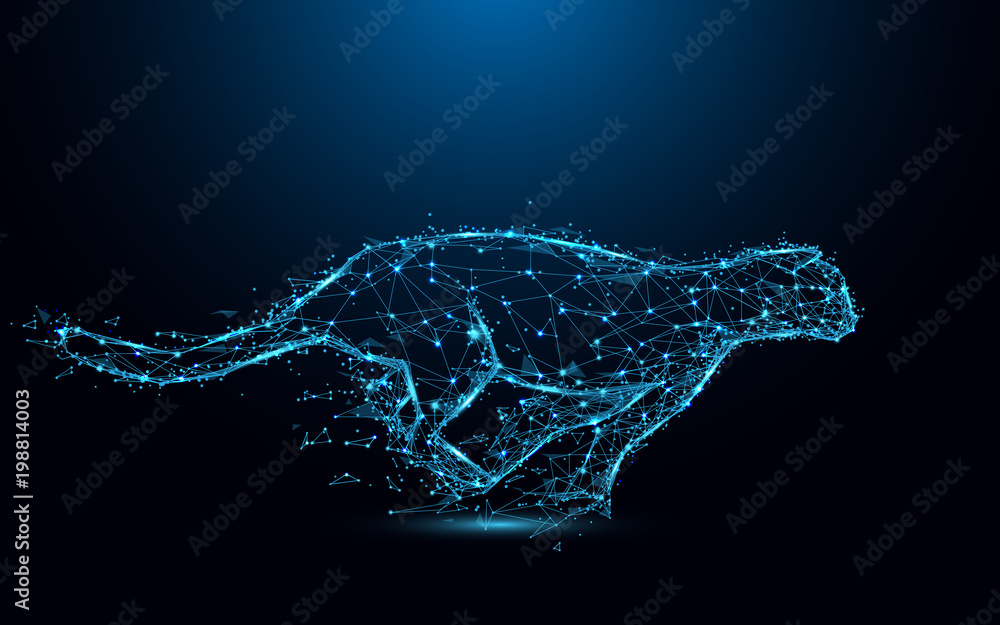 Abstract cheetah running form lines and triangles, point connecting network on blue background. Illustration vector - obrazy, fototapety, plakaty 