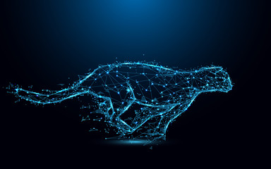 Leinwandbilder - Abstract cheetah running form lines and triangles, point connecting network on blue background. Illustration vector
