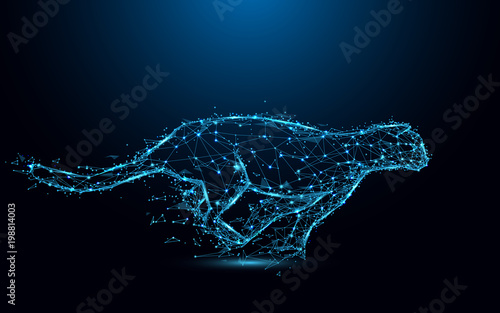 Cuadros en Lienzo Abstract cheetah running form lines and triangles, point connecting network on blue background