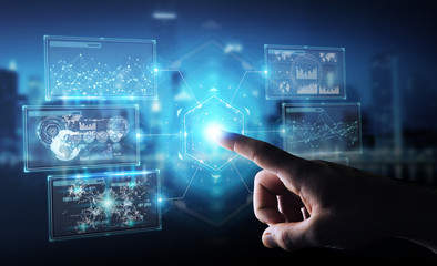 Aufkleber - Businessman using digital screens interface with holograms datas 3D rendering