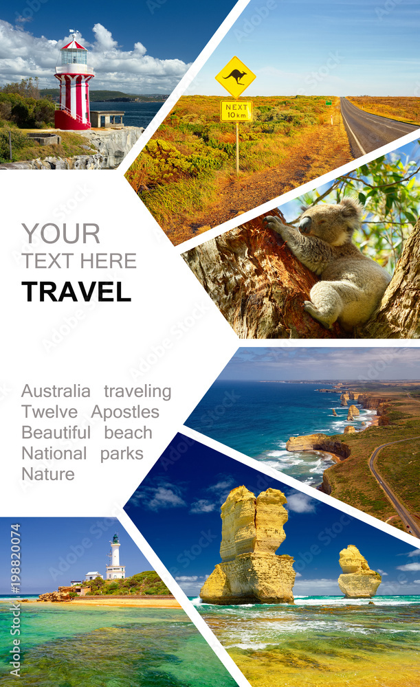 Photo collage of Australia. Great Ocean Road.  Twelve Apostles. Travel - obrazy, fototapety, plakaty 