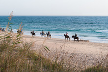 People Horseback Riding On Shore By Intense Blue Sea In Zahora Beach, South Spain. Tourism Attraction, Outdoor Activity Concept