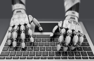 Wall Mural - robotic hands typing on laptop keyboard. 3d illustration.
