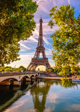 Paris Eiffel Tower And River Seine In Paris, France. Eiffel Tower Is One Of The Most Iconic Landmarks Of Paris