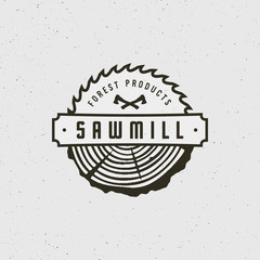 Wall Mural - sawmill logo. retro styled woodwork emblem. vector illustration