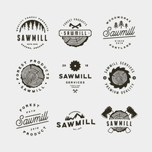 Set Of Sawmill Logos. Retro Styled Woodwork Emblems. Vector Illustration