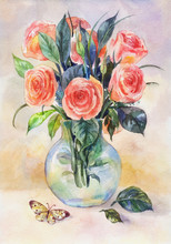 Watercolor Still Life With Roses In A Glass Vase With Butterfly. Hand Drawn Vintage Background