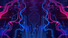 Kaleidoscope Vivid Pink. Micro Chipset Purple Violet And Blue Microchip Backdrop. Abstract Background. Digital Technology. PCB. Microchip Link. 3d Illustration. Computer Graphic Website Internet.
