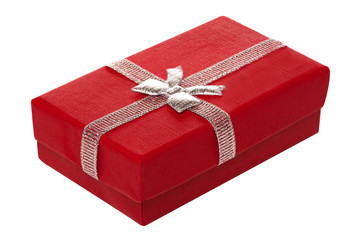 Red gift box with silver ribbon