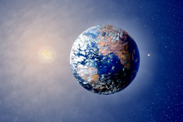 Wall Mural - Planet Land, Sun and Moon in outer spaces