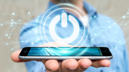 Poster - Businessman using 3D render power button with connections