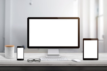 Poster - Isolated computer, tablet and smart phone display scene for responsive design promotion.