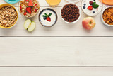 Fototapeta Mapy - Healthy breakfast meals on wooden table copy space