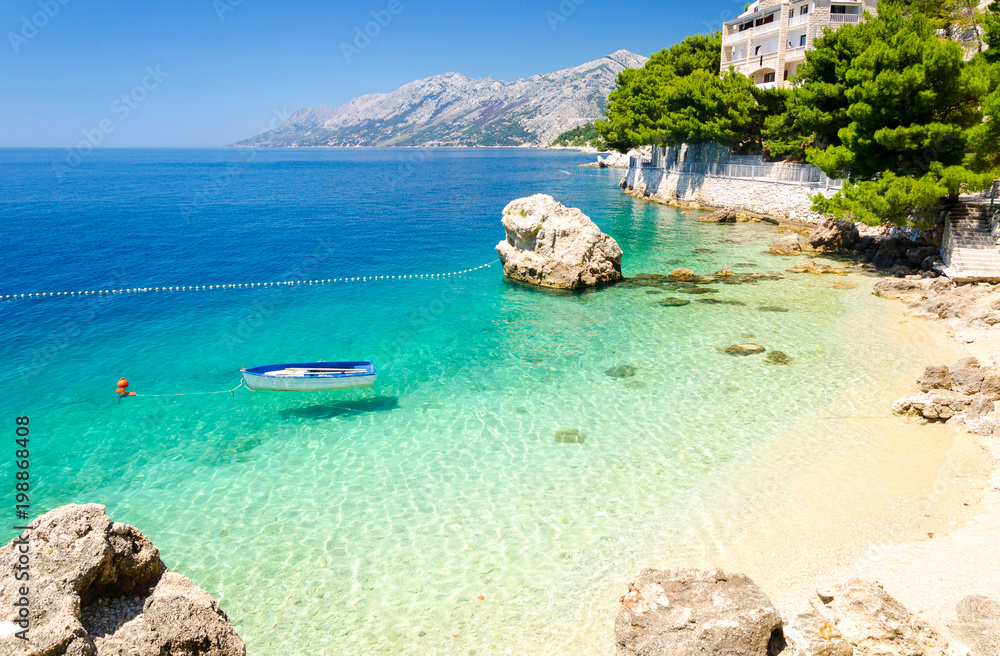 beach in Brela on Makarska Riviera, Dalmatia, Croatia - obrazy, fototapety, plakaty 