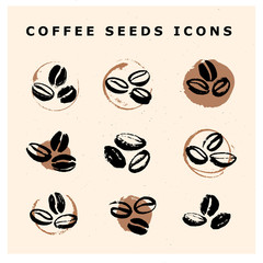 Wall Mural - Vector collection of hand drawn coffee beans design elements isolated on textured background. Coffee shop craft emblem, company logo insignia template, banner, print, etc.