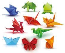 Origami. A Set Of Origami. Set Origami Butterfly, Crane, Frog, Elephant, Dragon, Ship, Dinosaur, Fox. Paper Set Origami. Vector Illustration Eps10 File