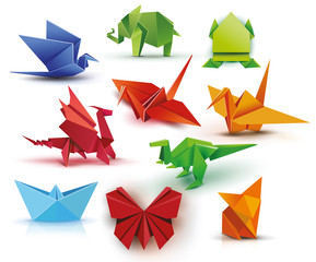 origami. a set of origami. set origami butterfly, crane, frog, elephant, dragon, ship, dinosaur, fox