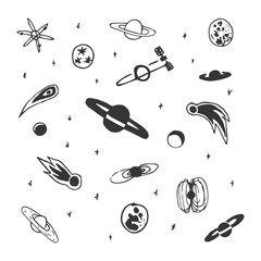 Wall Mural - Vector set of hand drawn space object - planet, comet, moon, star. Astronomy doodles