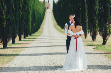 Wall Mural - Happy stylish smiling couple walking and kissing in Tuscany, Ita