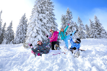 Sticker - Friends at snowy ski resort. Winter vacation