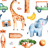 Africa watercolor seamless pattern.Safari collection with cute giraffe,elephant,meerkat,banana,wooden sign,coconut,baobab,pickup car,camera.Perfect for wallpaper,packaging,invitation,print,Baby shower