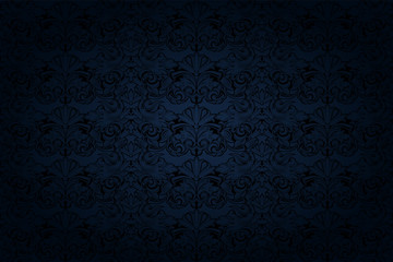 vintage Gothic background in dark blue and black with a classic Baroque pattern, Rococo