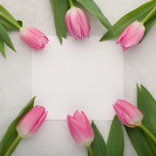 Birthday Or Wedding Mockup With White Paper List, Pink Tulip Flowers On Blue Background Top View. Beautiful Woman Day Card. Flat Lay