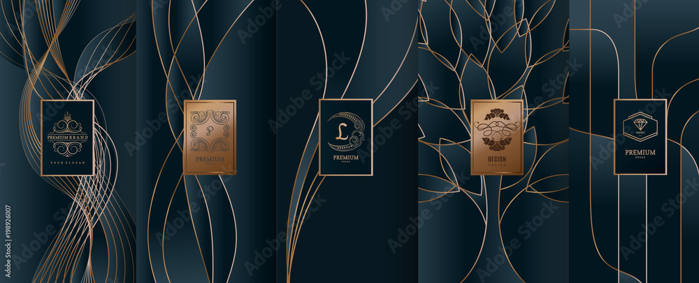 Collection of design elements,labels,icon,frames, for packaging,design of luxury products.for perfume,soap,wine, lotion.Made with golden foil.Isolated on line background.vector illustration - obrazy, fototapety, plakaty 