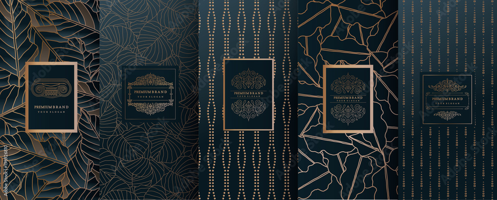 Collection of design elements,labels,icon,frames, for packaging,design of luxury products.for perfume,soap,wine, lotion.Made with golden foil.Isolated on geometric background.vector illustration - obrazy, fototapety, plakaty 
