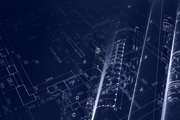 house project plan, blueprint rolls for civil engineering background. blue toned image. double exposure.