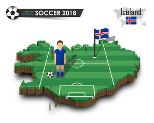 iceland national soccer team . football player and flag on 3d design country map . isolated backgrou