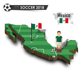 mexico national soccer team . football player and flag on 3d design country map . isolated backgroun