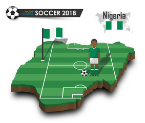 nigeria national soccer team . football player and flag on 3d design country map . isolated backgrou
