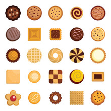 Cookies Biscuit Icons Set. Flat Illustration Of 25 Cookies Biscuit Vector Icons For Web