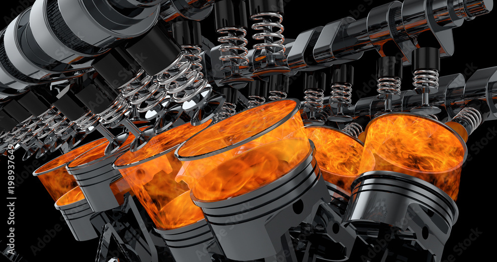 CG model of a working V8 engine with explosions. Pistons and other mechanical parts are in motion. - obrazy, fototapety, plakaty 