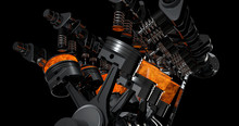 3d Model Of A Working V8 Engine With Explosions. Pistons And Other Mechanical Parts Are In Motion.